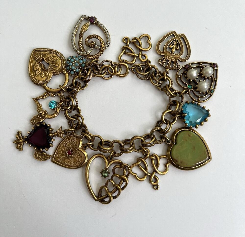 Vtg 1960's Signed ART Heart Serpent Rhinestone Enamel Gold-Tone Charm Bracelet